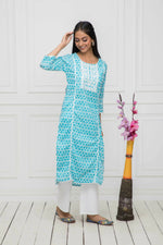 Thumbnail for Myshka Blue Women Solid Cotton Straight Round Neck Kurtas - Distacart