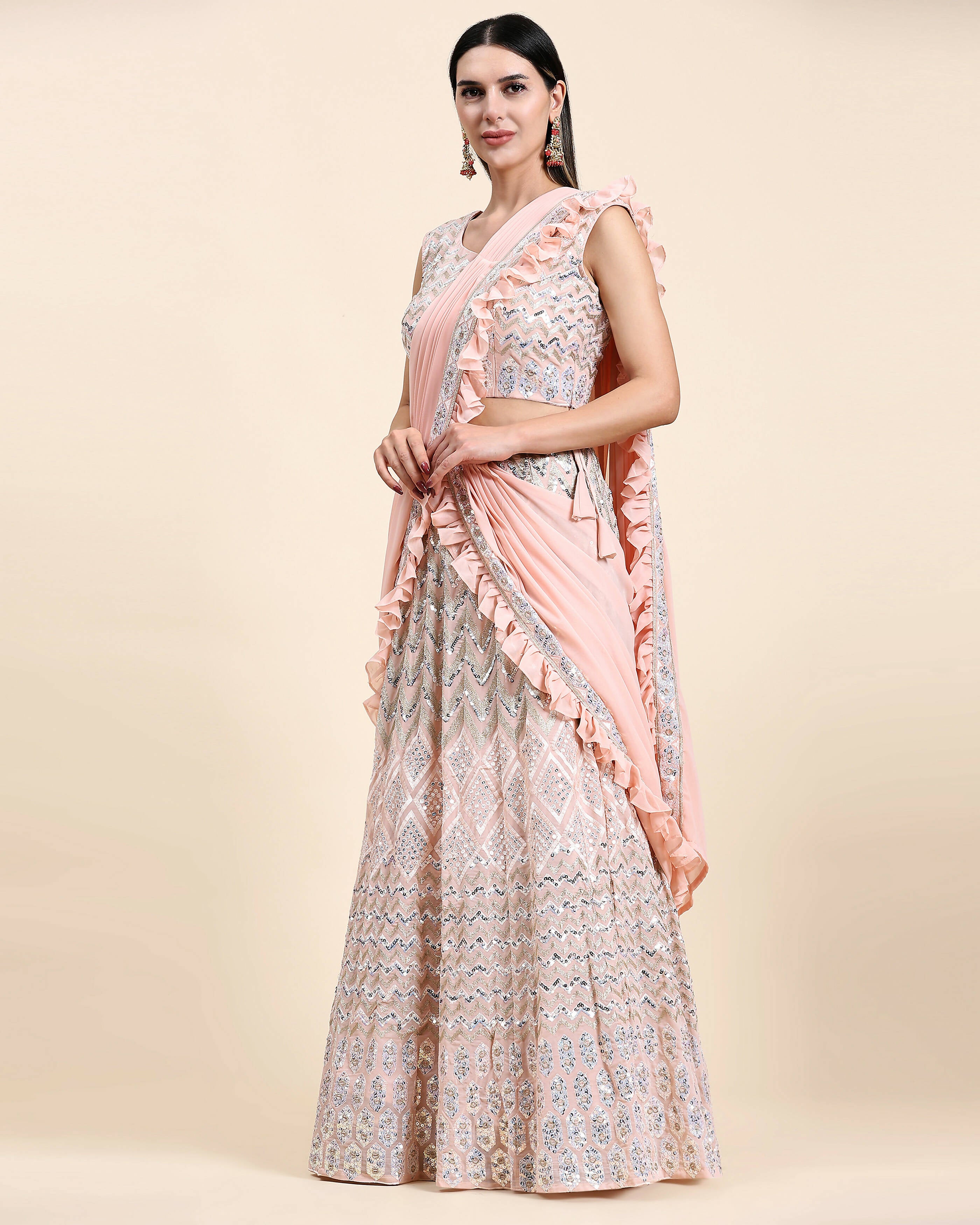 Peach Pure Viscose Georgette Thread With Sequins Embroidery Work Lehenga Choli With Dupatta - Tanya - Distacart