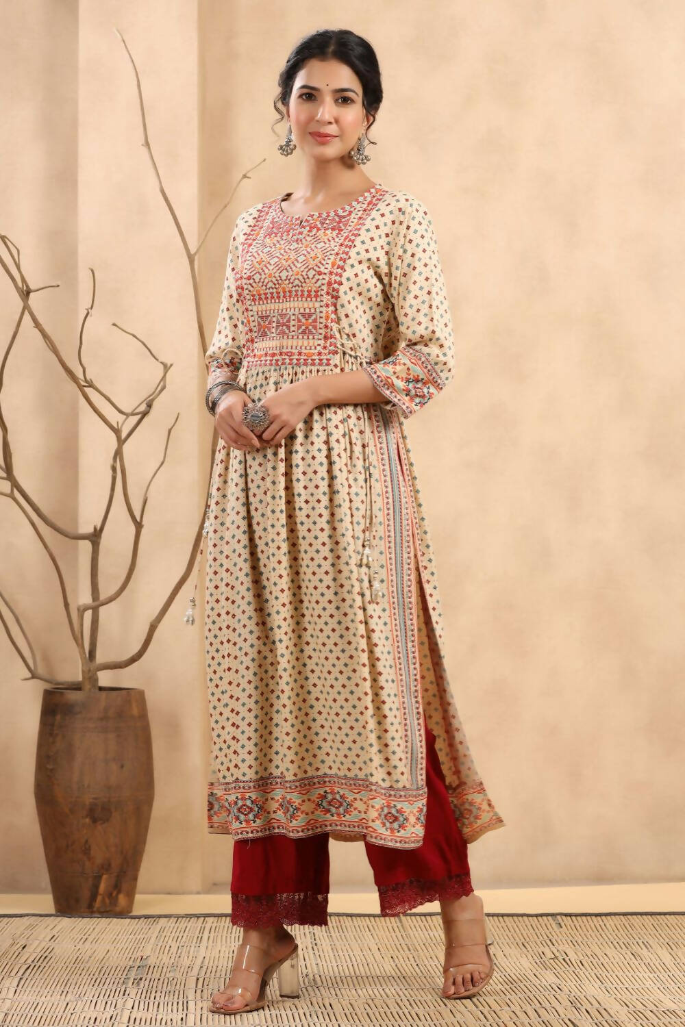 Juniper Women's Beige Rayon Printed Embroidered Straight Kurta - Distacart