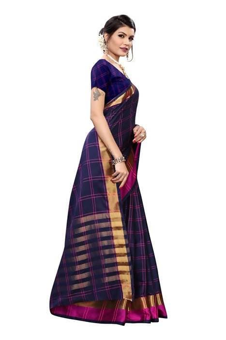 Vamika Navy Cotton Silk Weaving Saree (Rimi Checks Navy) - Distacart