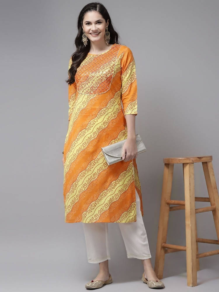 Yufta Women Yellow & White Bandhani Printed Kurta with Trouser