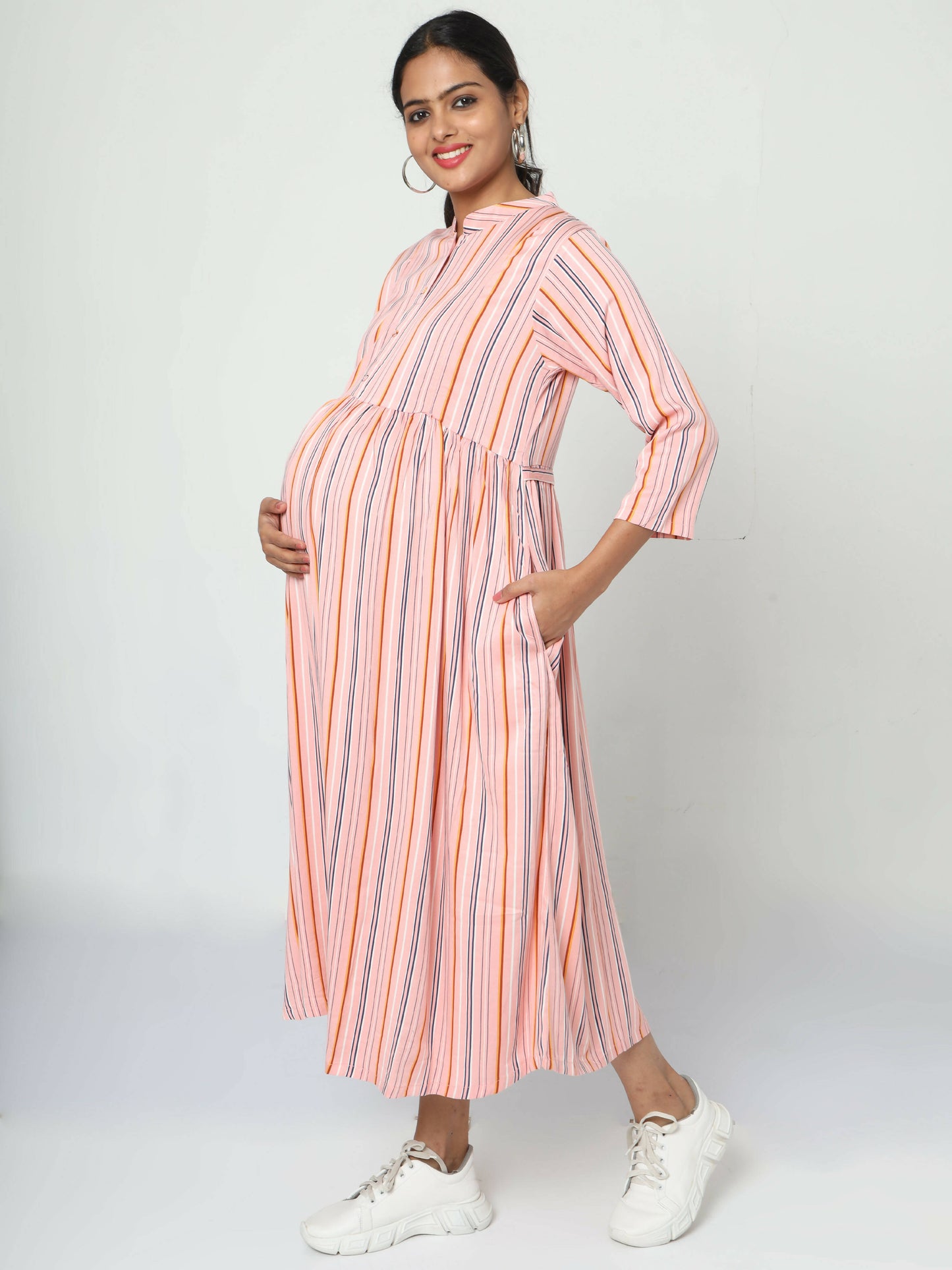 Manet Three Fourth Maternity Dress Strip Print With Concealed Zipper Nursing Access - Pink - Distacart