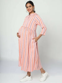 Thumbnail for Manet Three Fourth Maternity Dress Strip Print With Concealed Zipper Nursing Access - Pink - Distacart