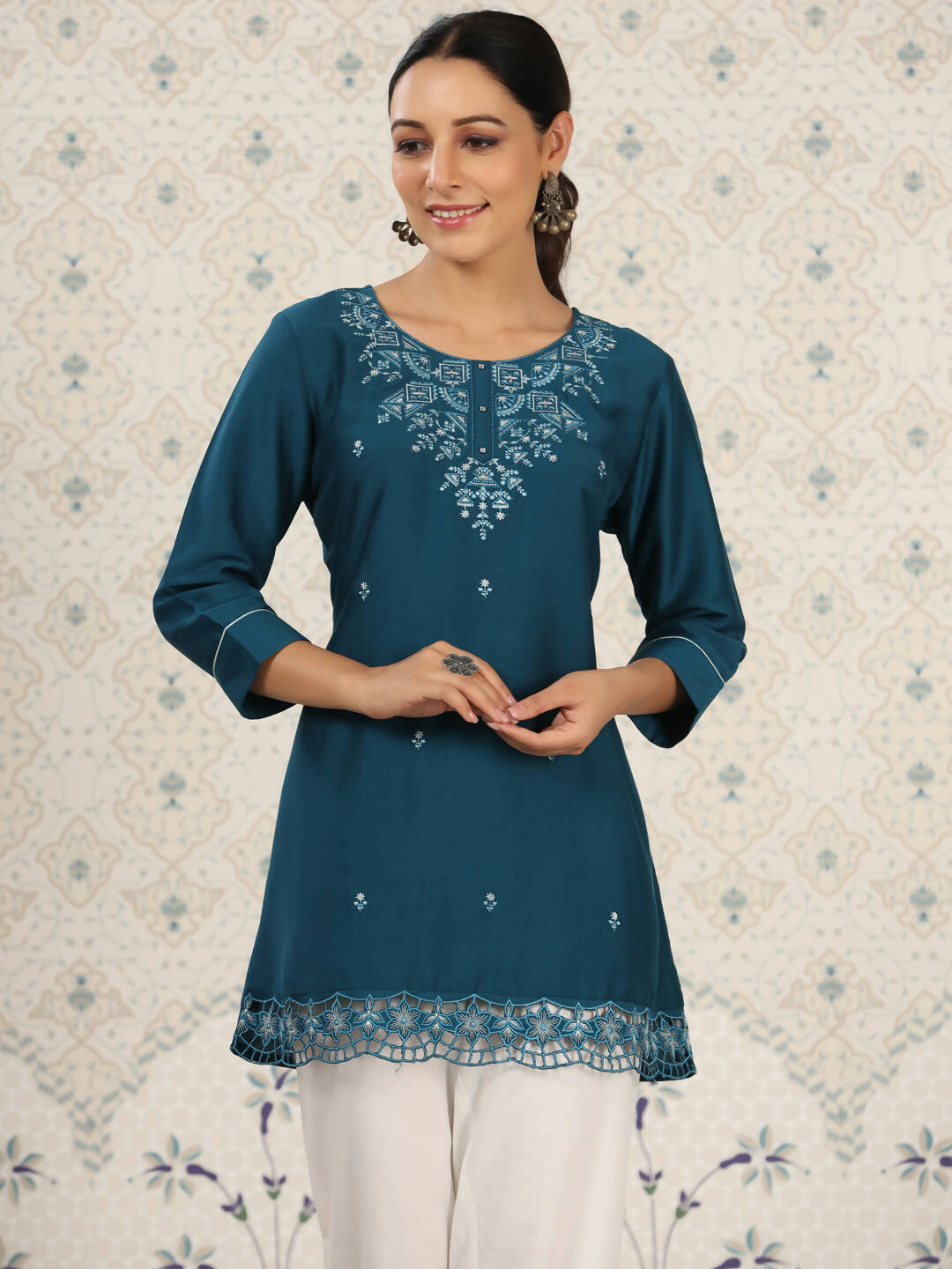 Teal Chinon Embroidered Straight Top - Zeny - Distacart