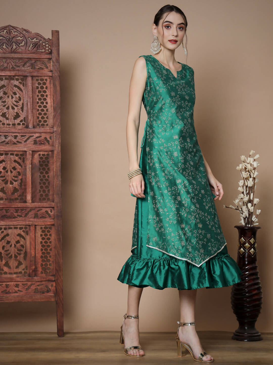 Myshka Women's Teal Floral Printed Gown Dress - Distacart