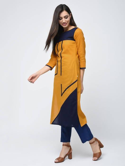 Aniyah Cotton Color Block Straight Kurta In Mustard Color (AN-102K)