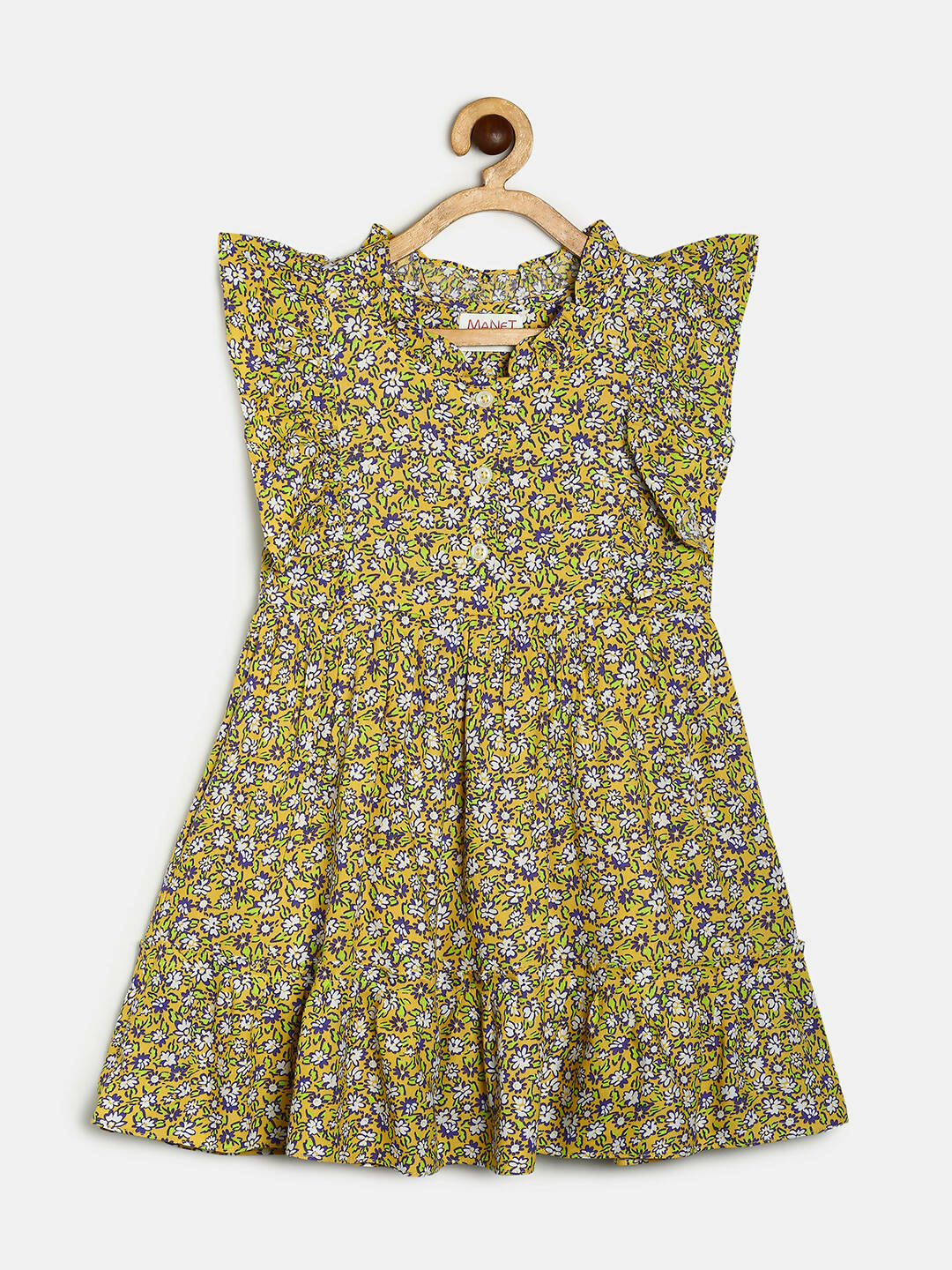 Manet Girls Cotton Frill Sleeve Frock Flower Print - Mustard Yellow - Distacart