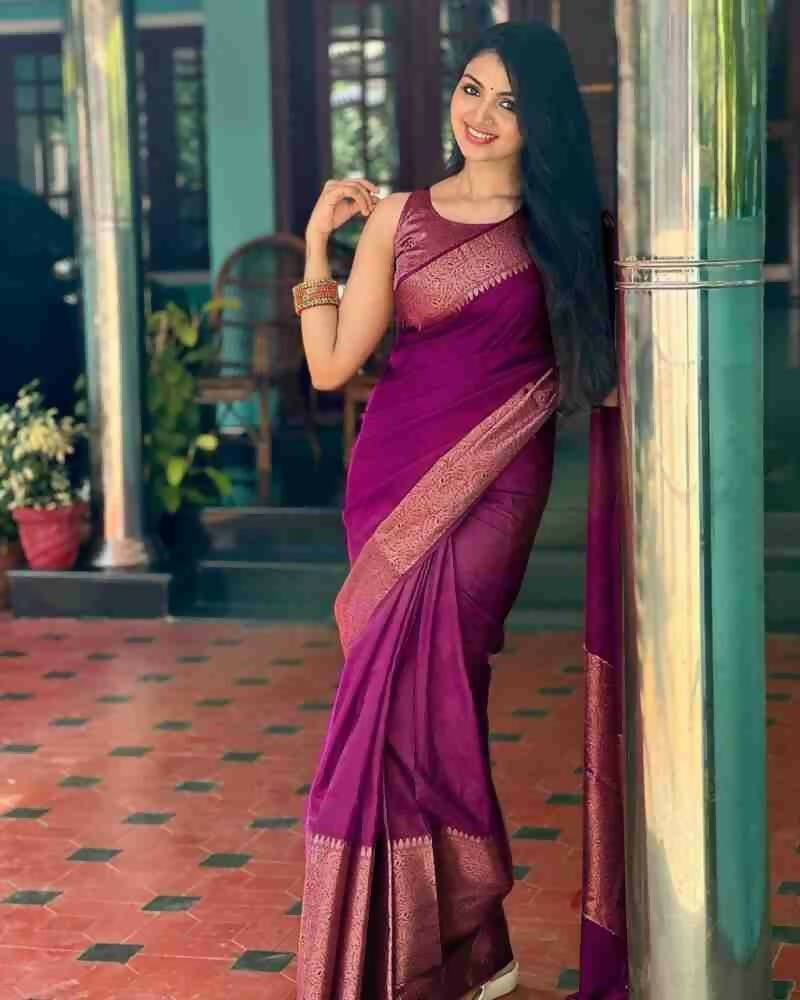 DEIANA'S Beautiful Golden Jari with New Design Soft Lichi Silk Saree - Wine - Distacart