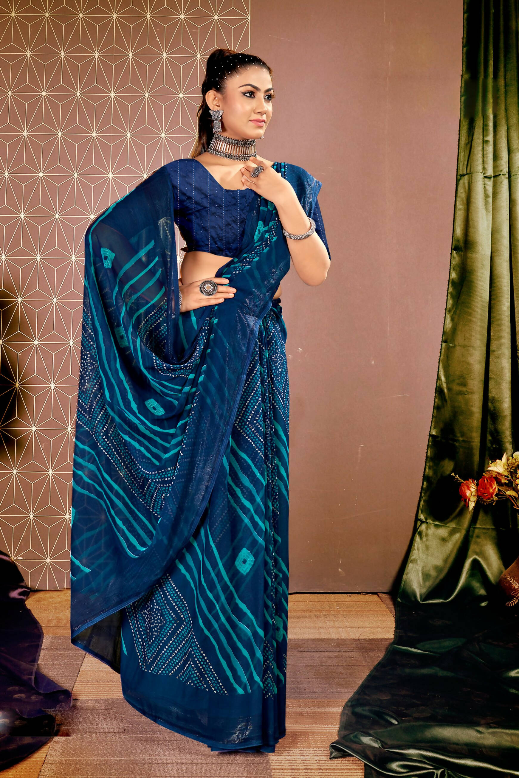 Navy Blue Chiffon Leheriya Printed Saree With Unstitched Blouse Piece - Shanaya - Distacart