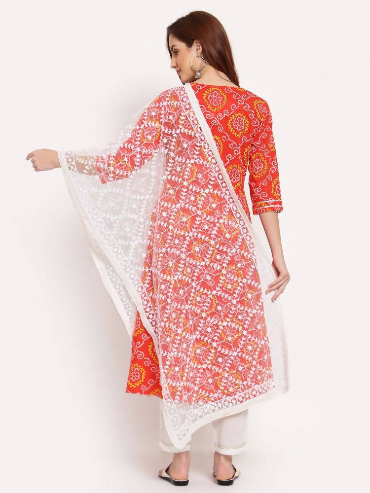 Myshka Women's Orange Printed Cotton 3/4 Sleeve Round Neck Casual Kurta Pant Dupatta Set