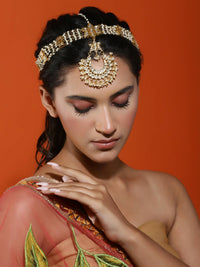 Thumbnail for Gold-Plated White Kundan-Studded Pearl Beaded Matha Patti - Ruby Raang - Distacart
