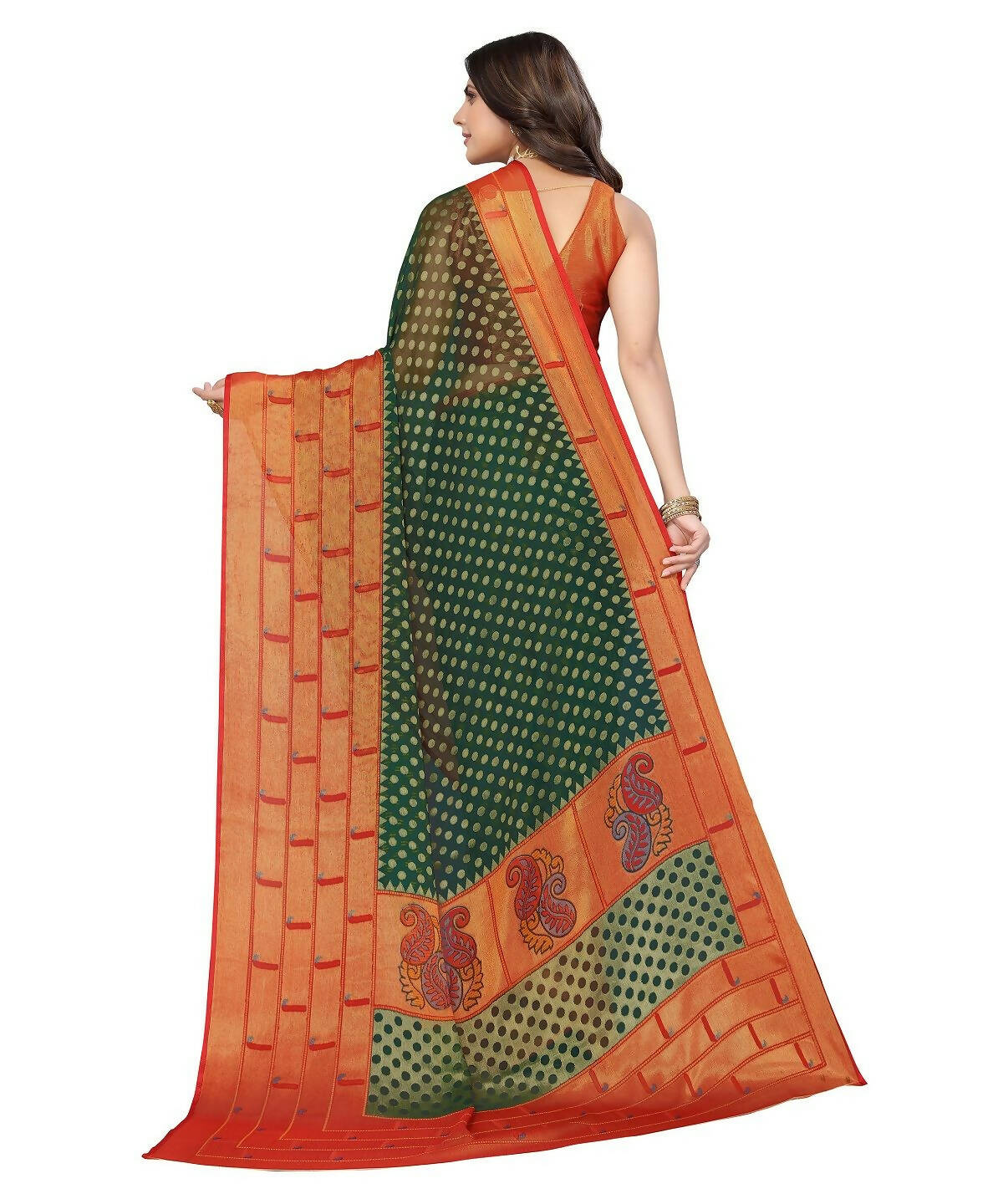 Vamika Green Chiffon Brasso Bollywood Style Woven Saree (DIMPLE GREEN) - Distacart