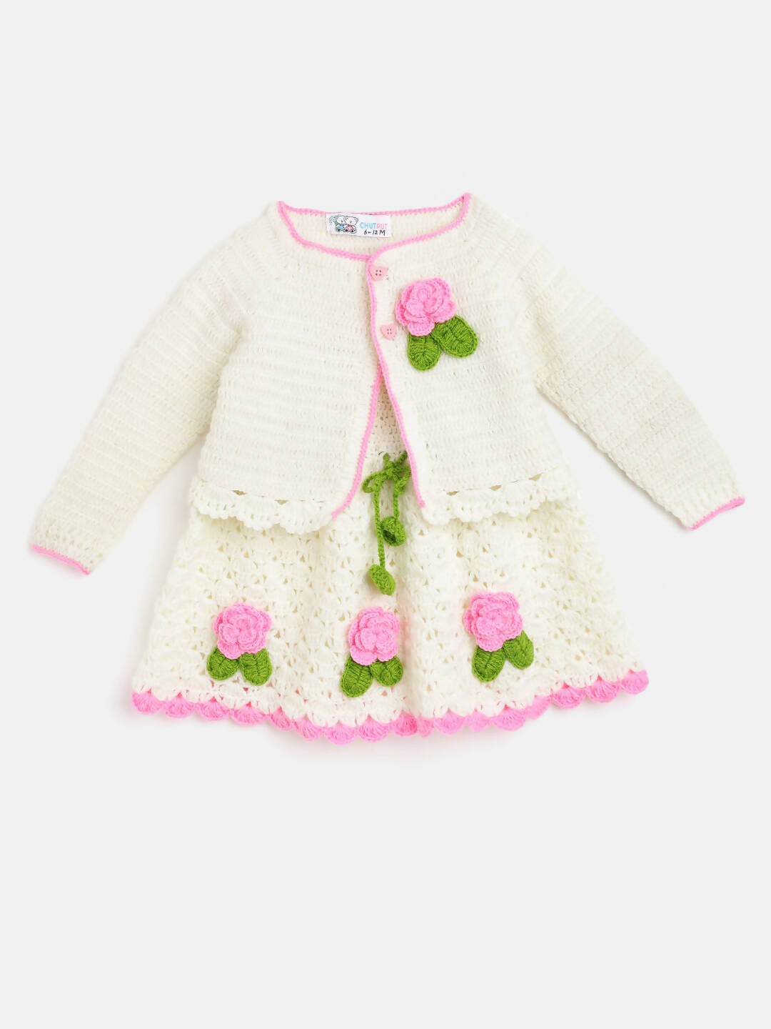 Chutput Kids Woollen Hand Knitted Full Sleeves Cardigan With Short Sleeves Flower Work Dress - Cream - Distacart