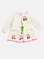Thumbnail for Chutput Kids Woollen Hand Knitted Full Sleeves Cardigan With Short Sleeves Flower Work Dress - Cream - Distacart