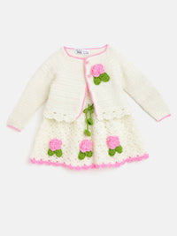 Thumbnail for Chutput Kids Woollen Hand Knitted Full Sleeves Cardigan With Short Sleeves Flower Work Dress - Cream - Distacart