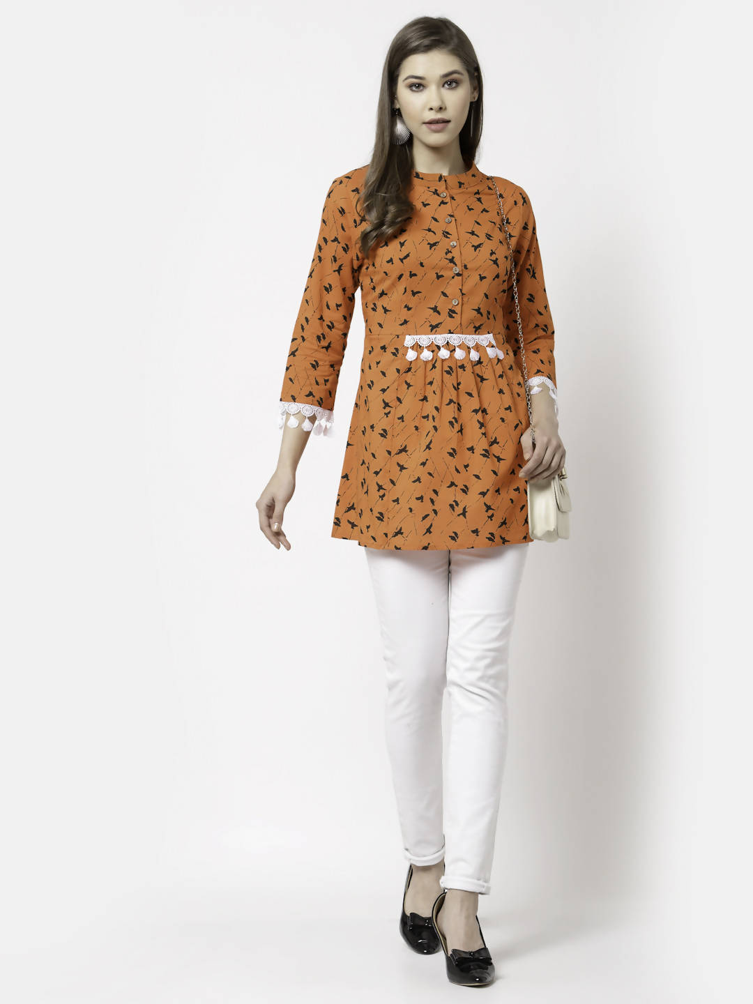 Myshka Women Orange Pure Cotton Printed 3/4 Sleeve Round Casual Tunic
