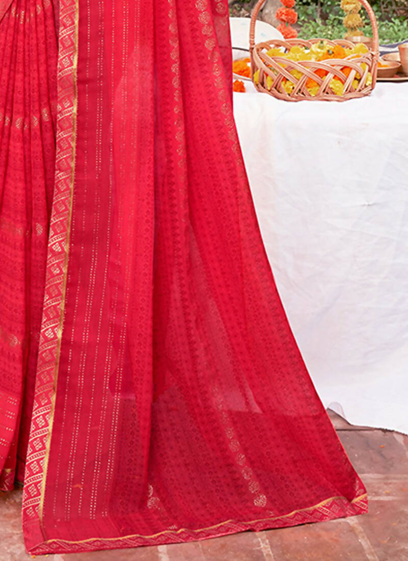 Red Georgette Foil Printed Saree with Unstitched Blouse Piece - Avika - Distacart
