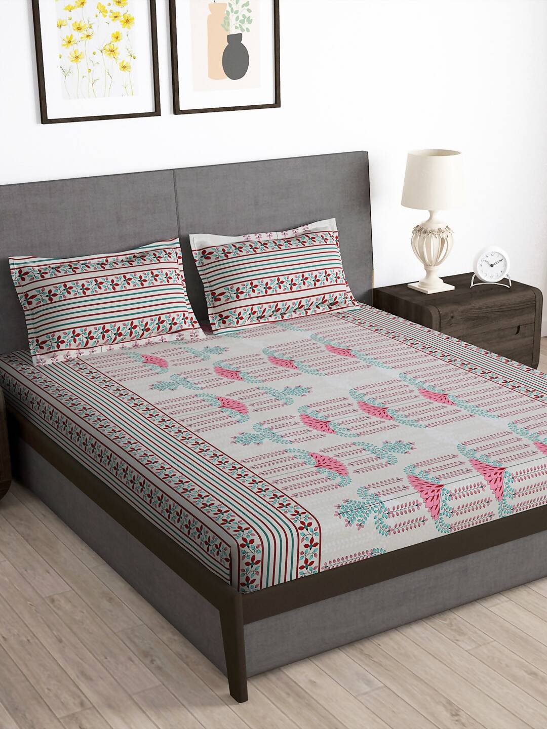 Story@home Grey & Pink Ethnic Motifs 180 TC Bedsheet with Pillow Cover - Distacart