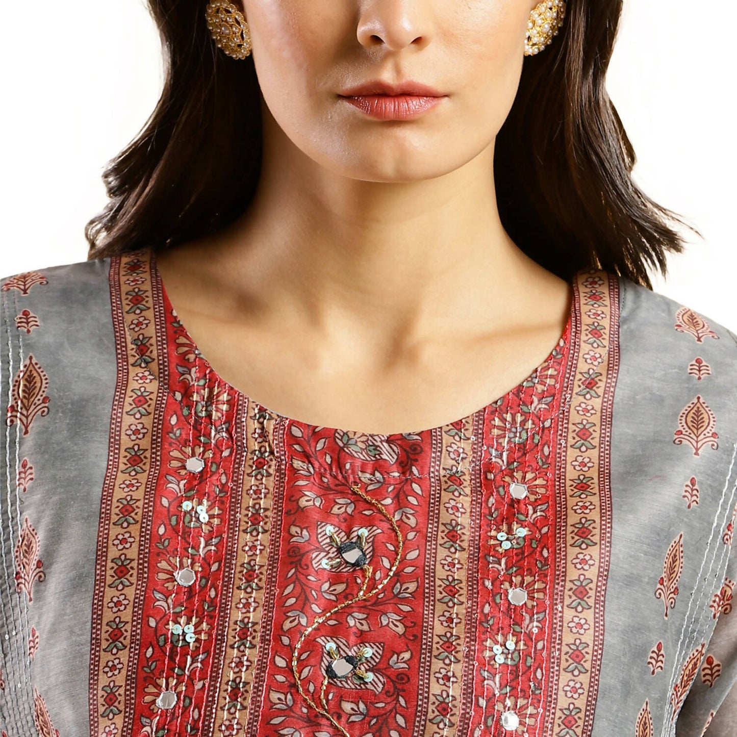 Grey Chinon Digital Printed With Hand Work Kurta - Himanshi - Distacart