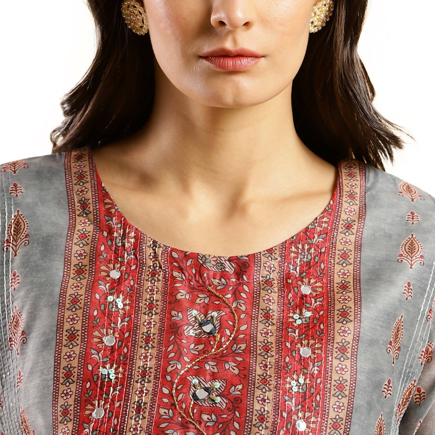 Grey Chinon Digital Printed With Hand Work Kurta - Himanshi - Distacart