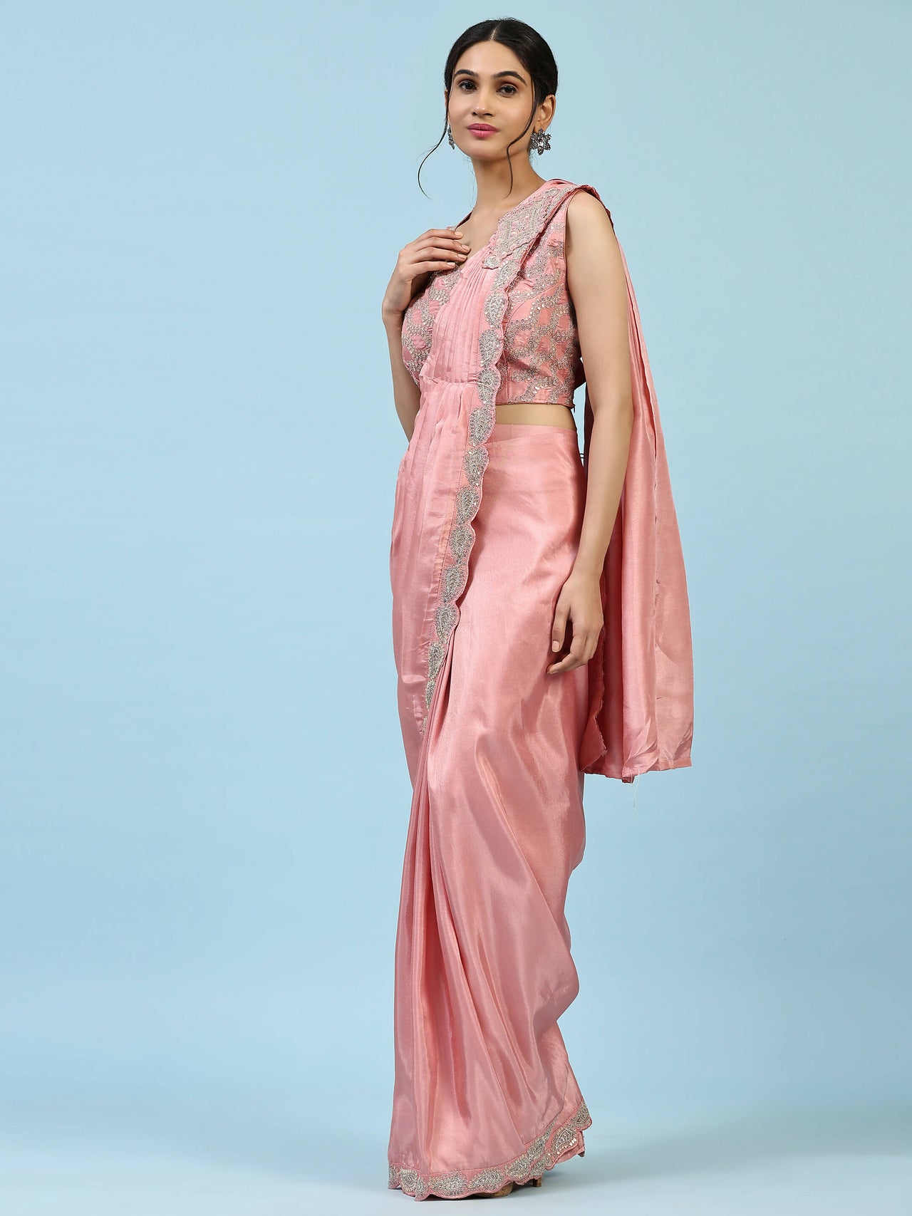 Peach Silk Satin Plain Ready to wear Saree with stitched Blouse - Vrinda - Distacart