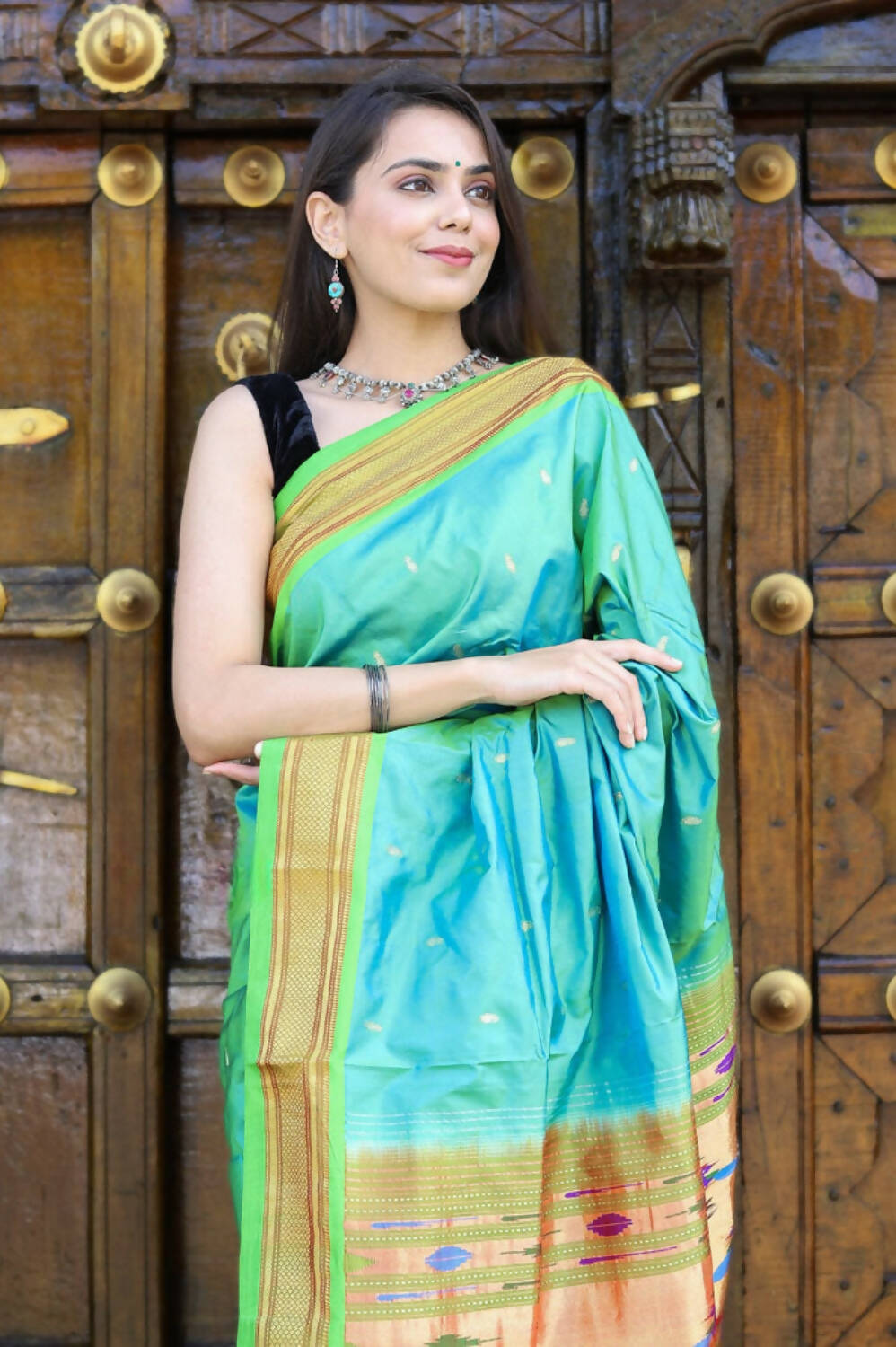 Very Much Indian Pure Silk Handloom Paithani -Dual Tone Blue Green - Distacart