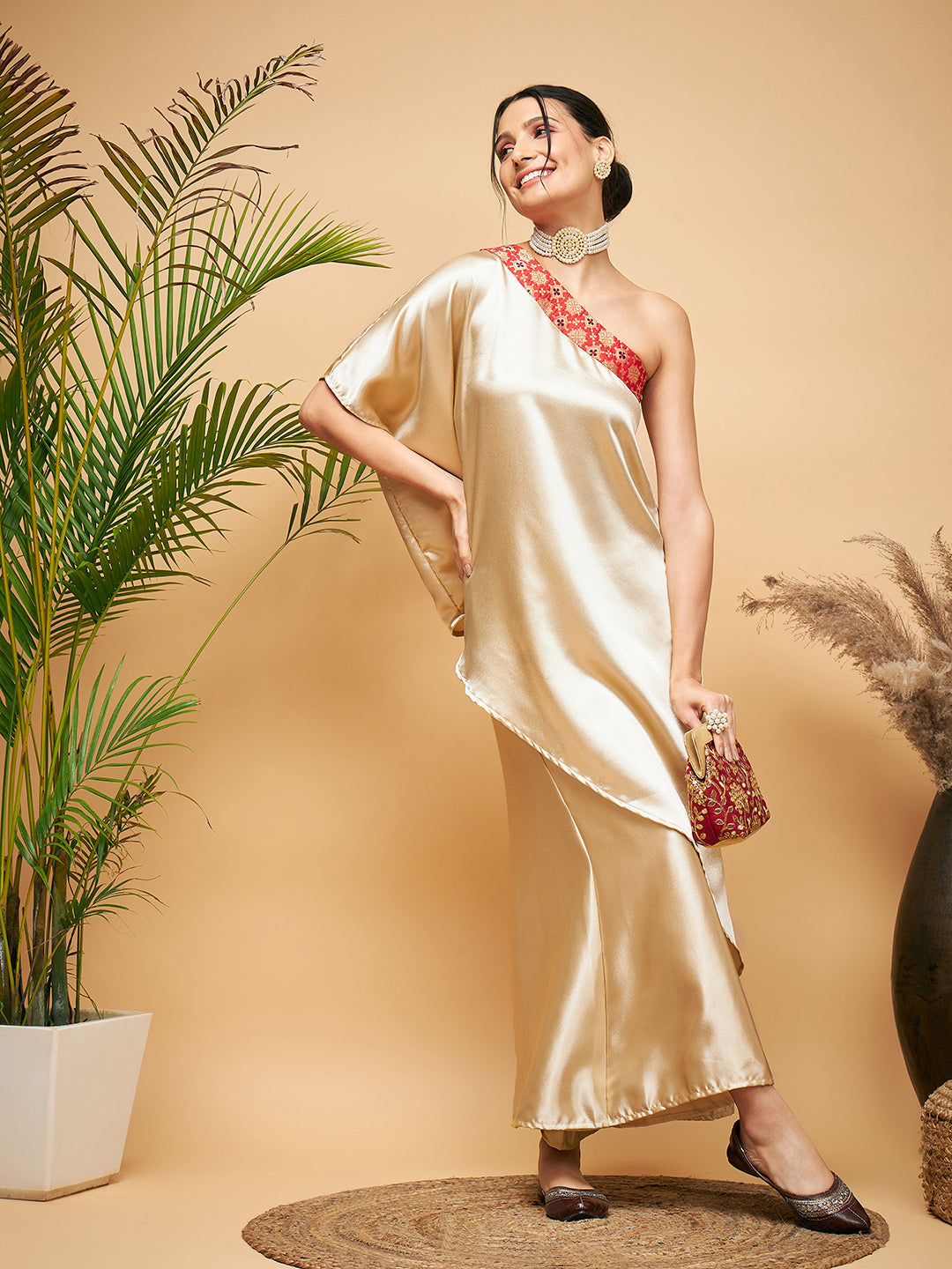 InWeave Women's Beige Red Brocade Oneshoulder Top Satin W Palazzo Set - Distacart