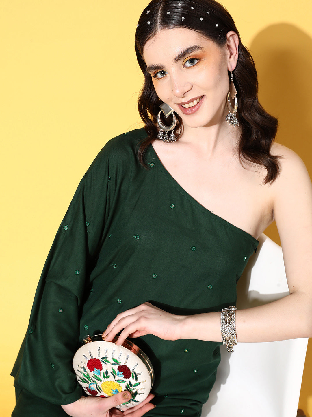 InWeave Women's Green Mirror Work One Shoulder Kurta Set - Distacart