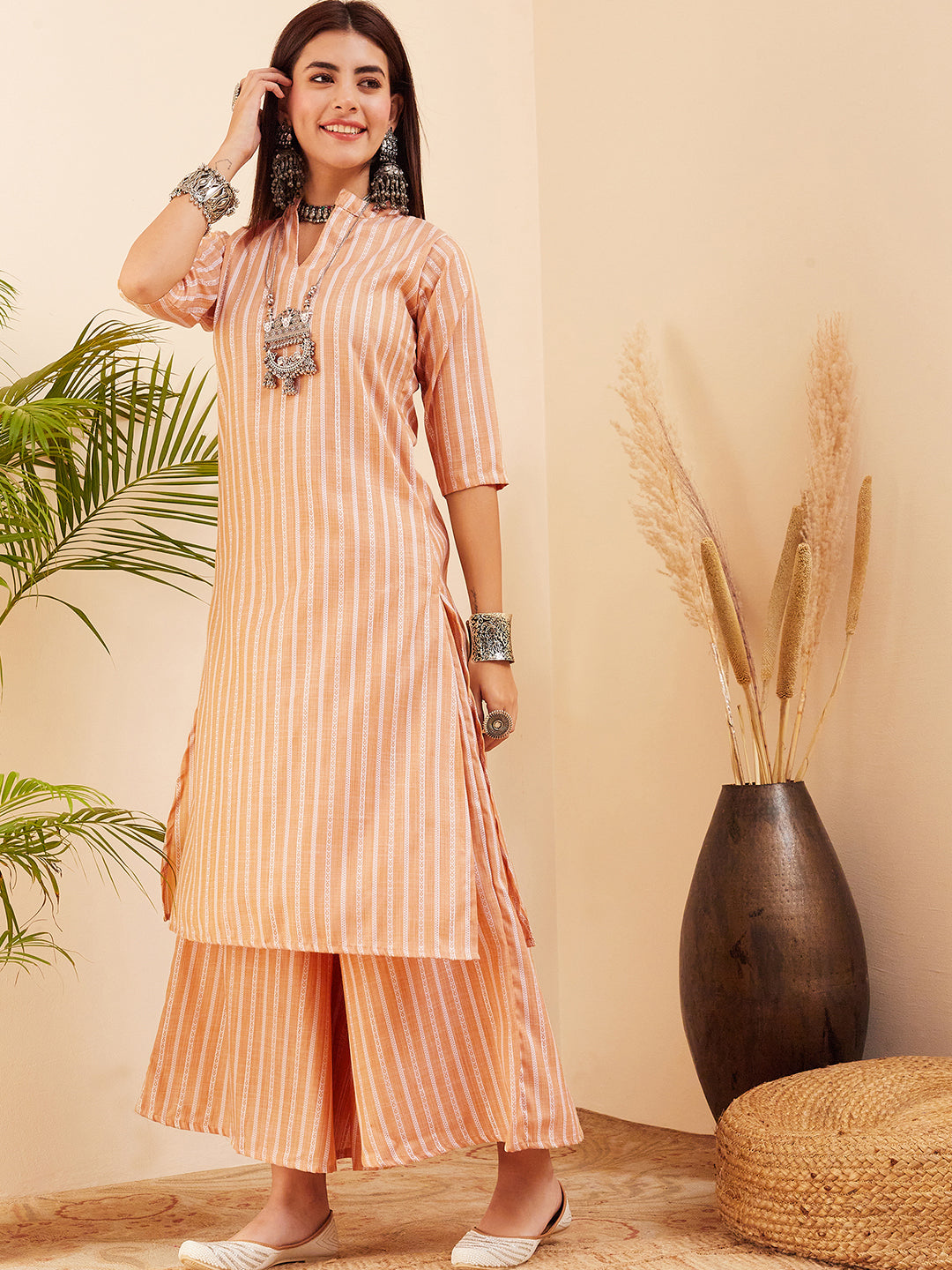 InWeave Women's Light Mustard Lurex Kantha Mandarin Neck Kurta Palazzo Set - Distacart