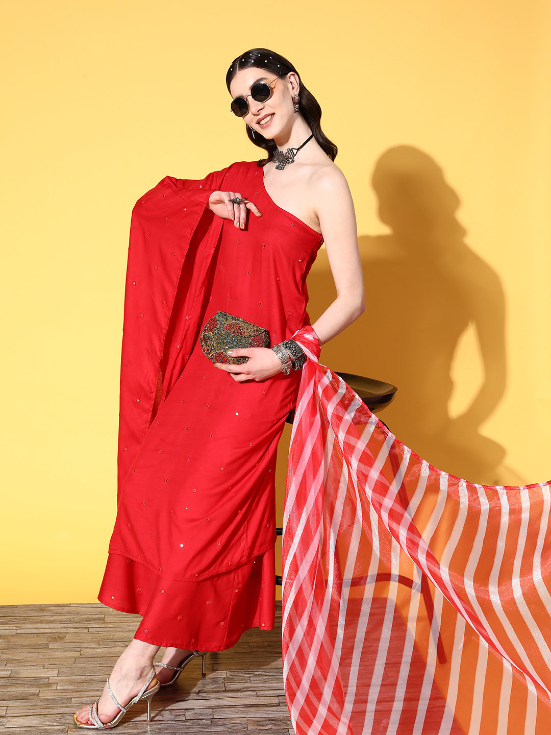 InWeave Women's Red Mirror Work One Shoulder Kurta Set With Dupatta - Distacart