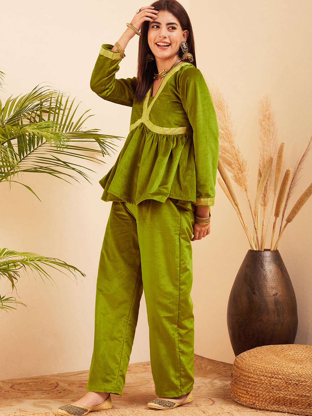 InWeave Women's Olive Mughal Shaan Style Velvet Short Kurta Set - Distacart