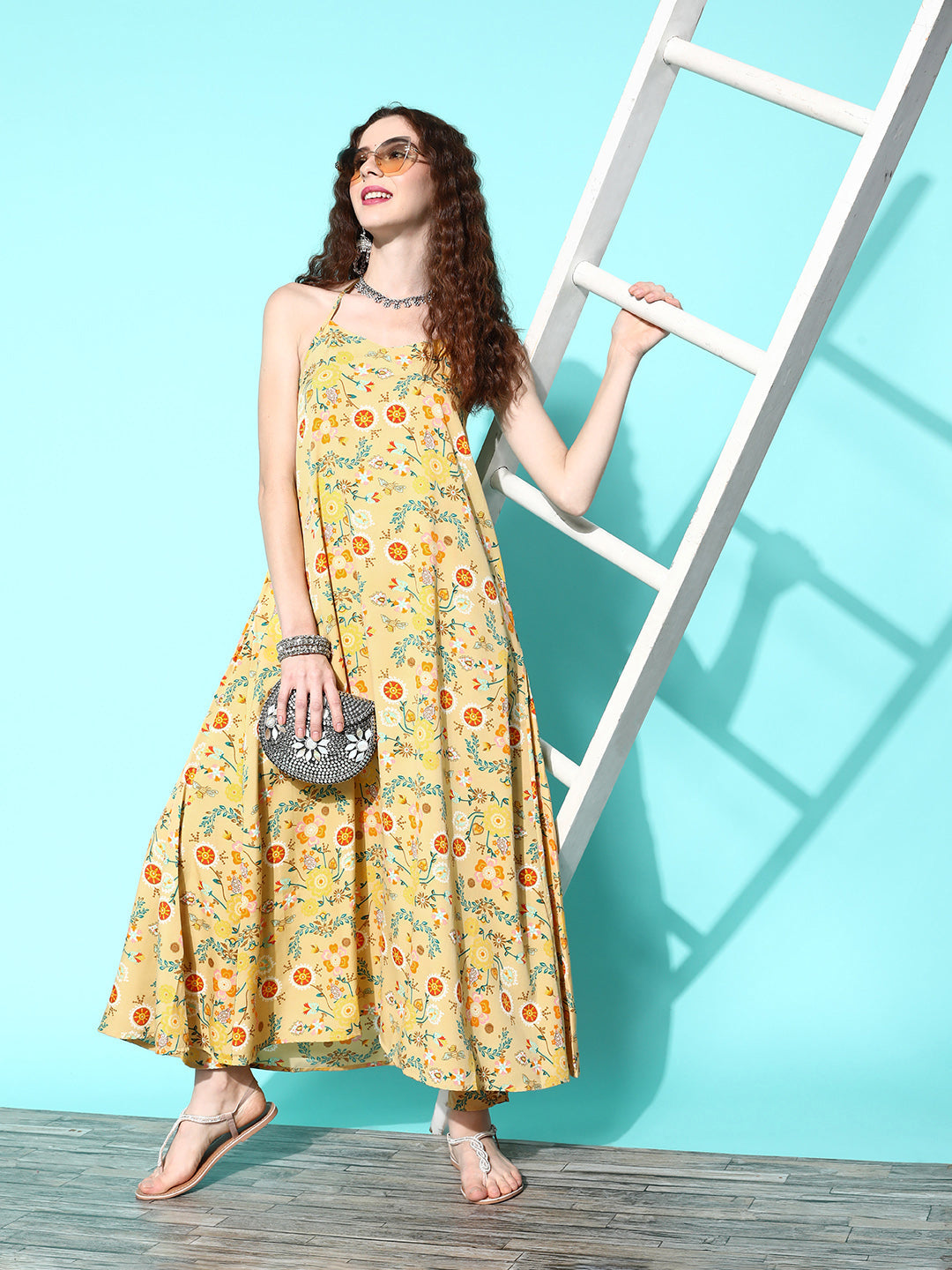 InWeave Women's Yellow Print Back Less Long Kurta Pant Set - Distacart