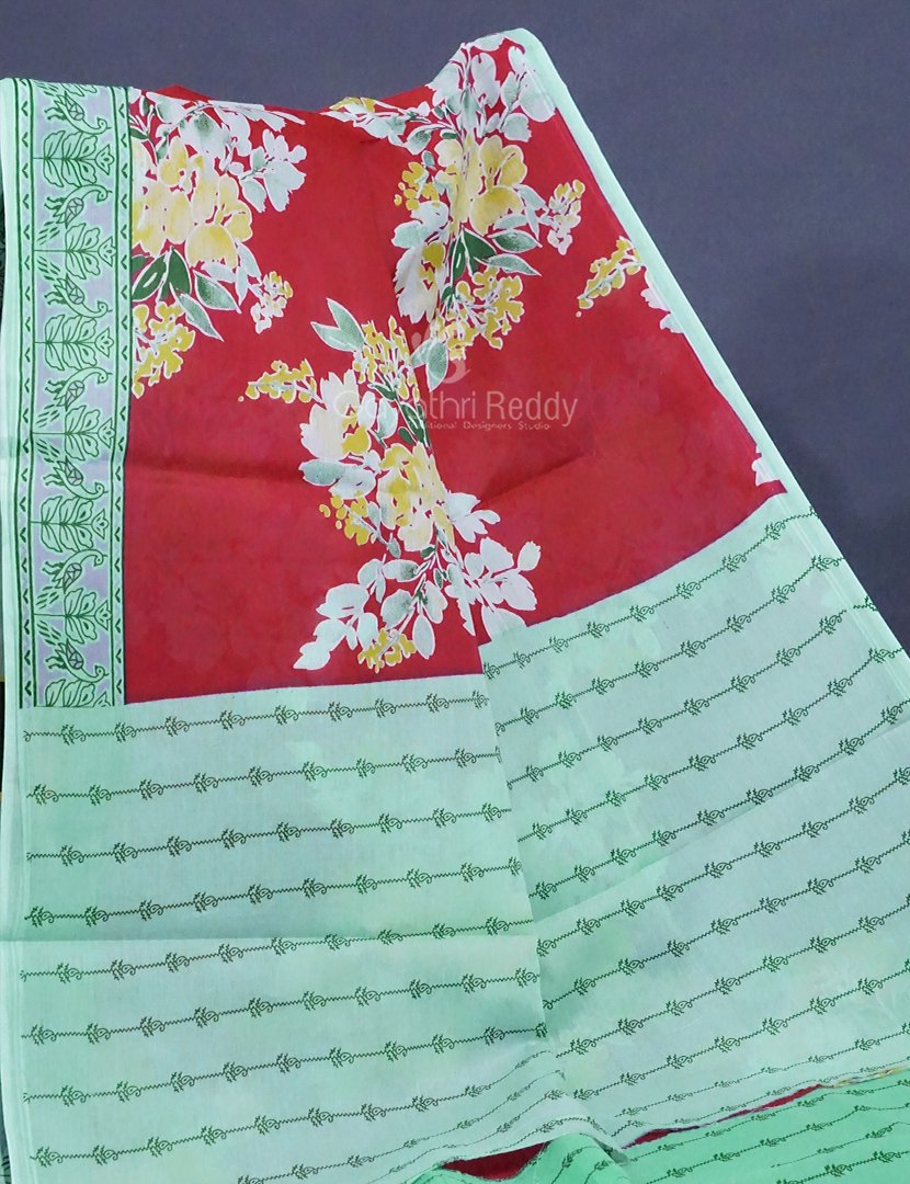 Tomato Red Colour Block Print Pure Mulmul Cotton Saree By Gayathri Reddy Designer Studio - Distacart
