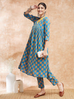 Thumbnail for InWeave Women's Blue Orange Floral Yellow White Leh V Neck Kurta Set - Distacart