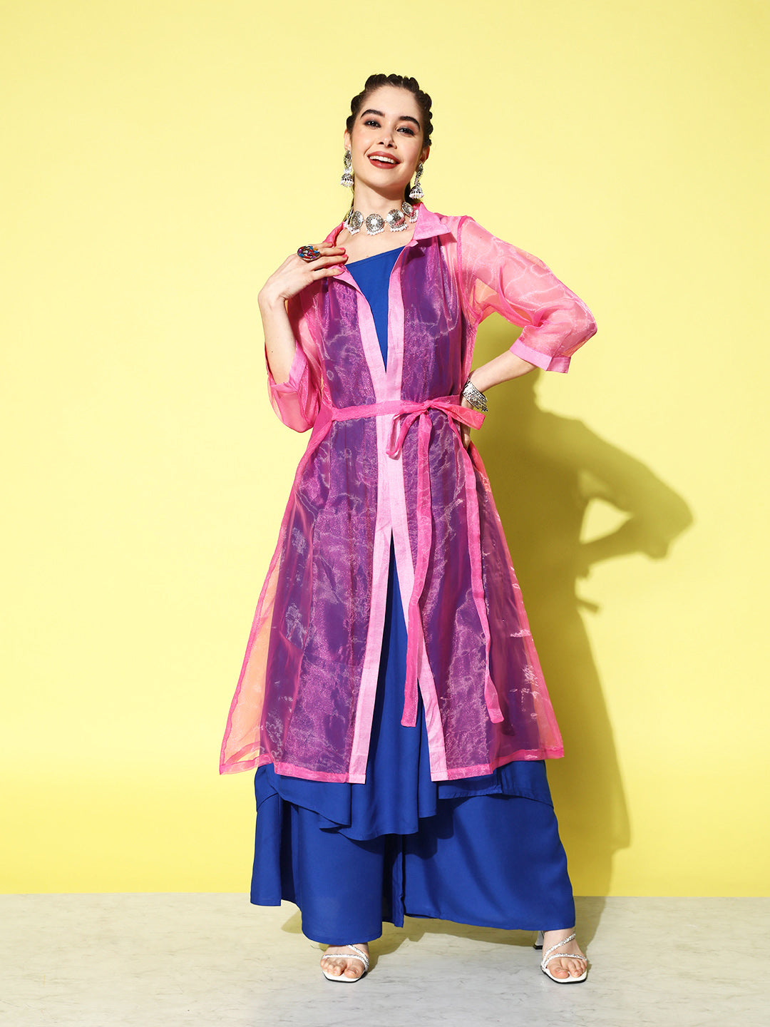 InWeave Women's Ink Blue Strappy Kurta Set With Pink Organza Cape - Distacart