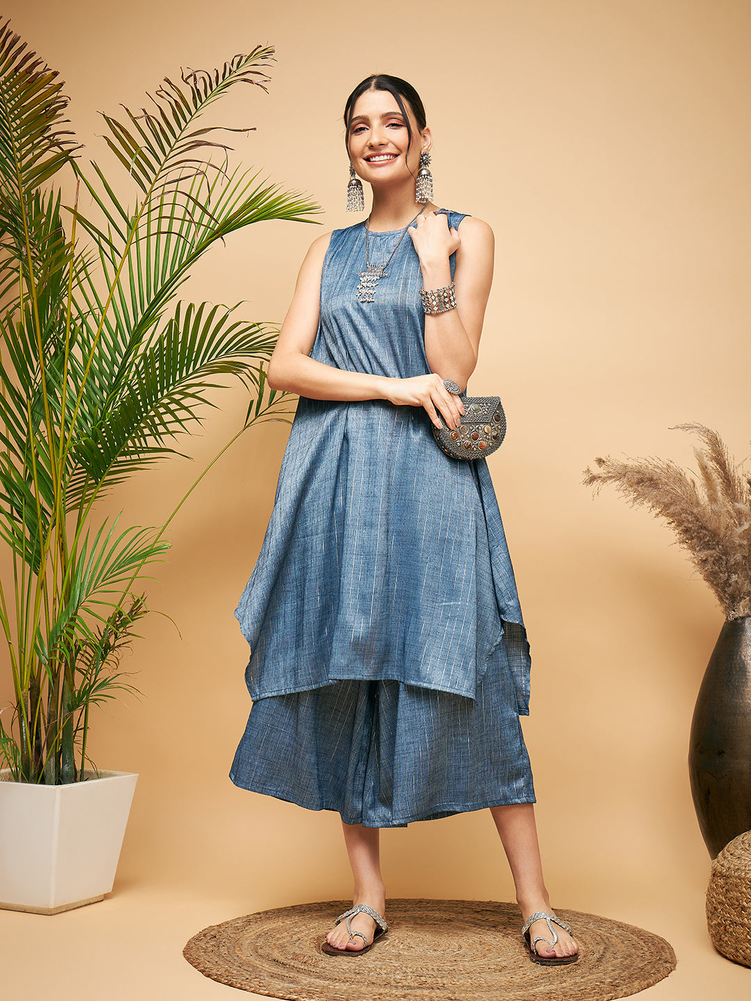 InWeave Women's Blue Lurex Short Pallazo Kurta Set - Distacart