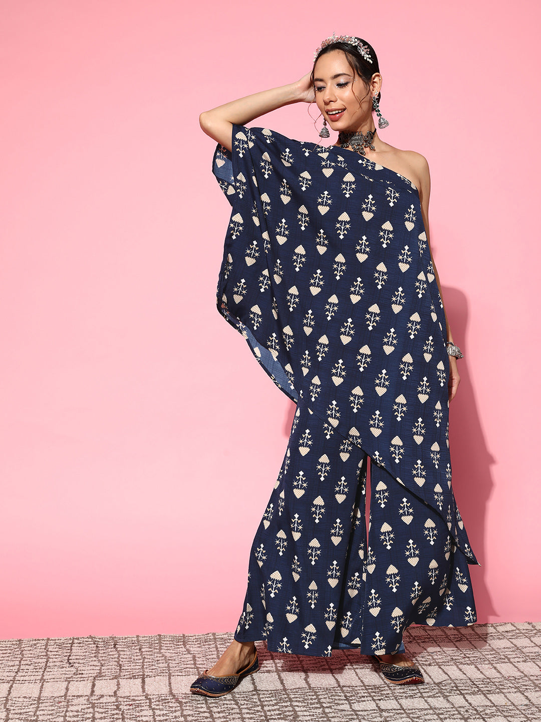 InWeave Women's Blue Boota One Shoulder Top With Palazzo Set - Distacart