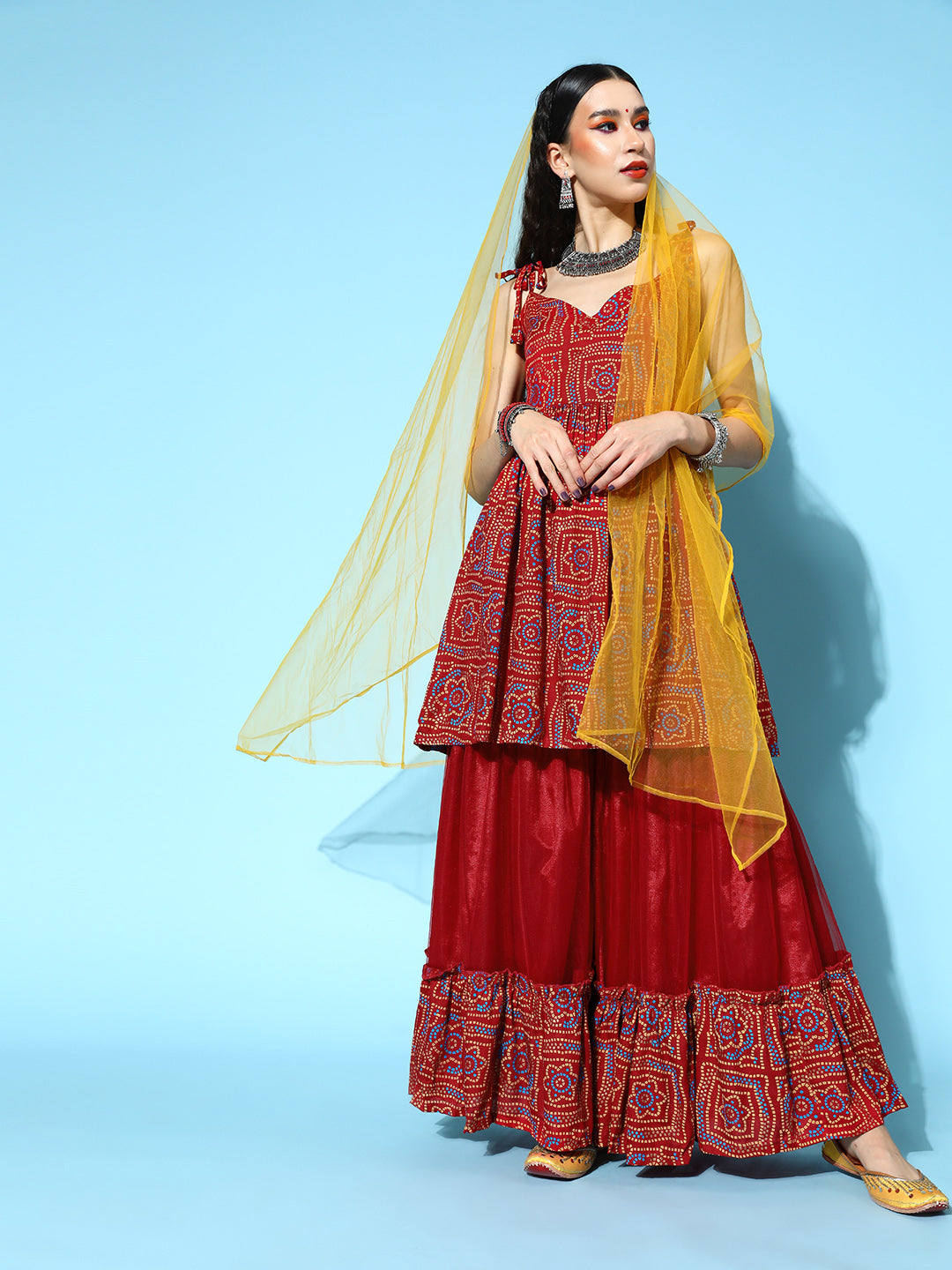 InWeave Women's Maroon Bandhani Net Sharara Set With Dupatta - Distacart