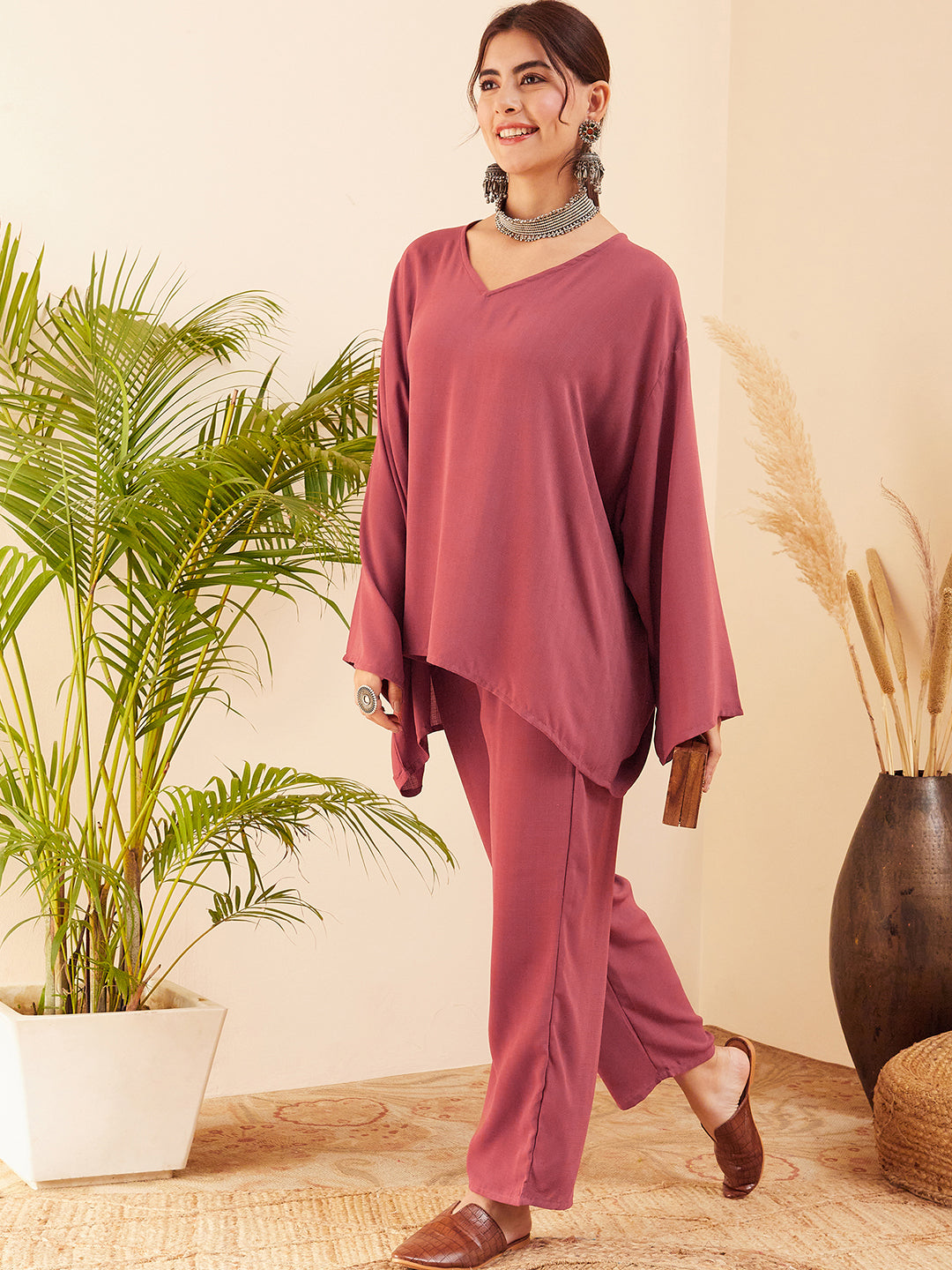 InWeave Women's Light Brown Full Sleeve Boho Top Bottom Set - Distacart