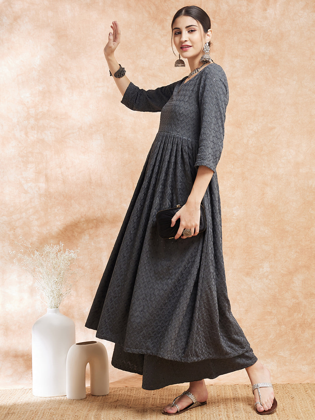 InWeave Women's Grey Chikankari Long Anarkali Kurta Sharara Set - Distacart