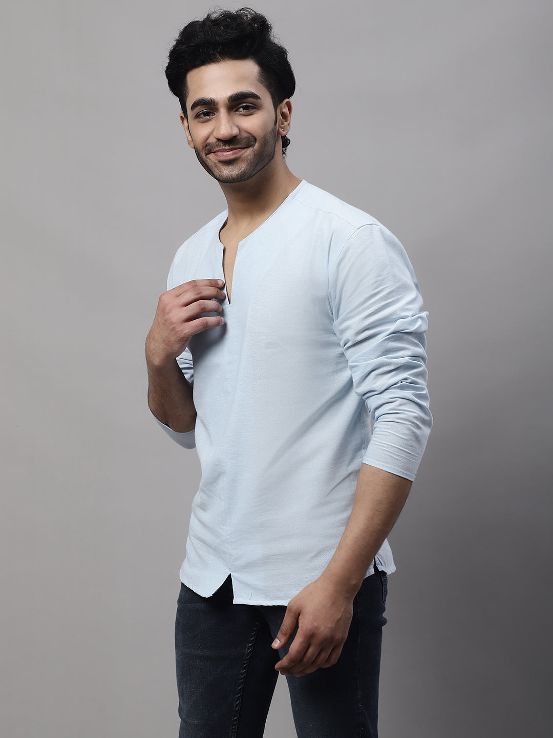 Even Apparels Blue Pure Cotton Open Neck Kurta - Distacart