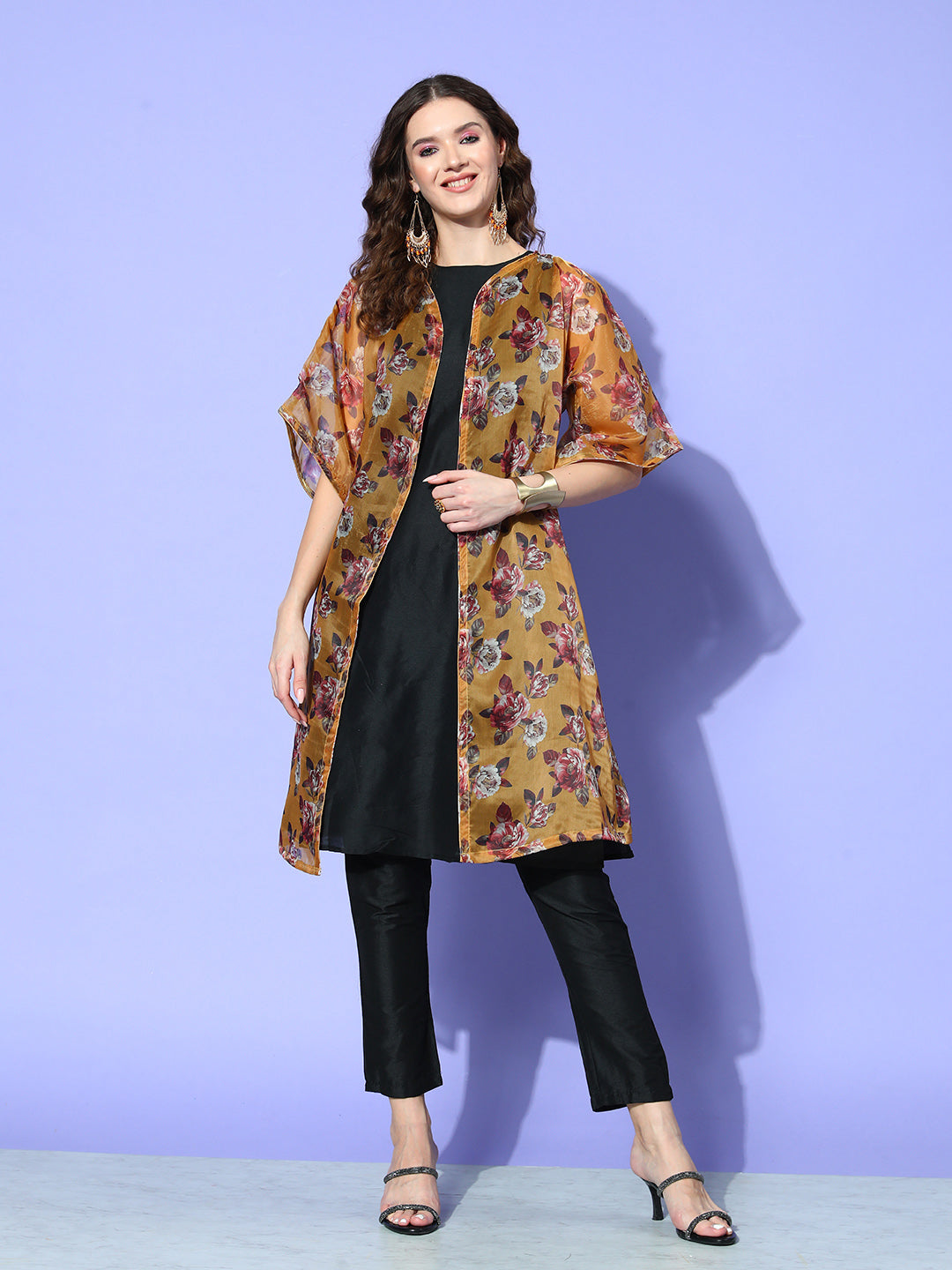 InWeave Women's Camel Brown White Rose Chintz Organza Cape - Distacart