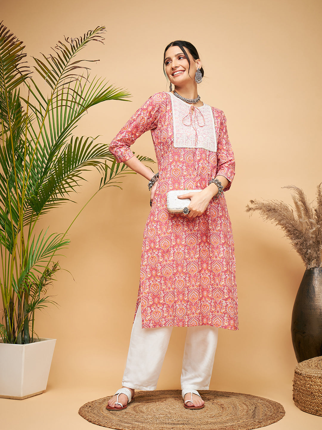 InWeave Women's Dusty Pink Paisley Patch Straight Kurta - Distacart