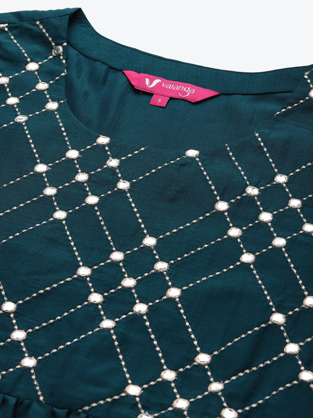 Varanga Teal And Gold Mirror Work Embroidery Kurta With 3/4Th Mirror Work Sleeves - Distacart