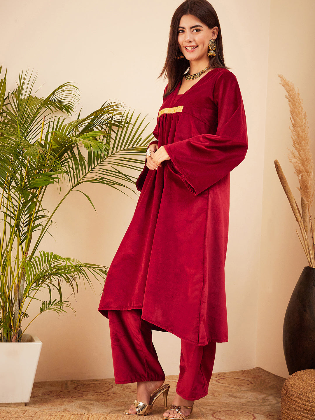 InWeave Women's Barn Red V Neck Asymmetrical Pleated Velvet Kurta Set - Distacart