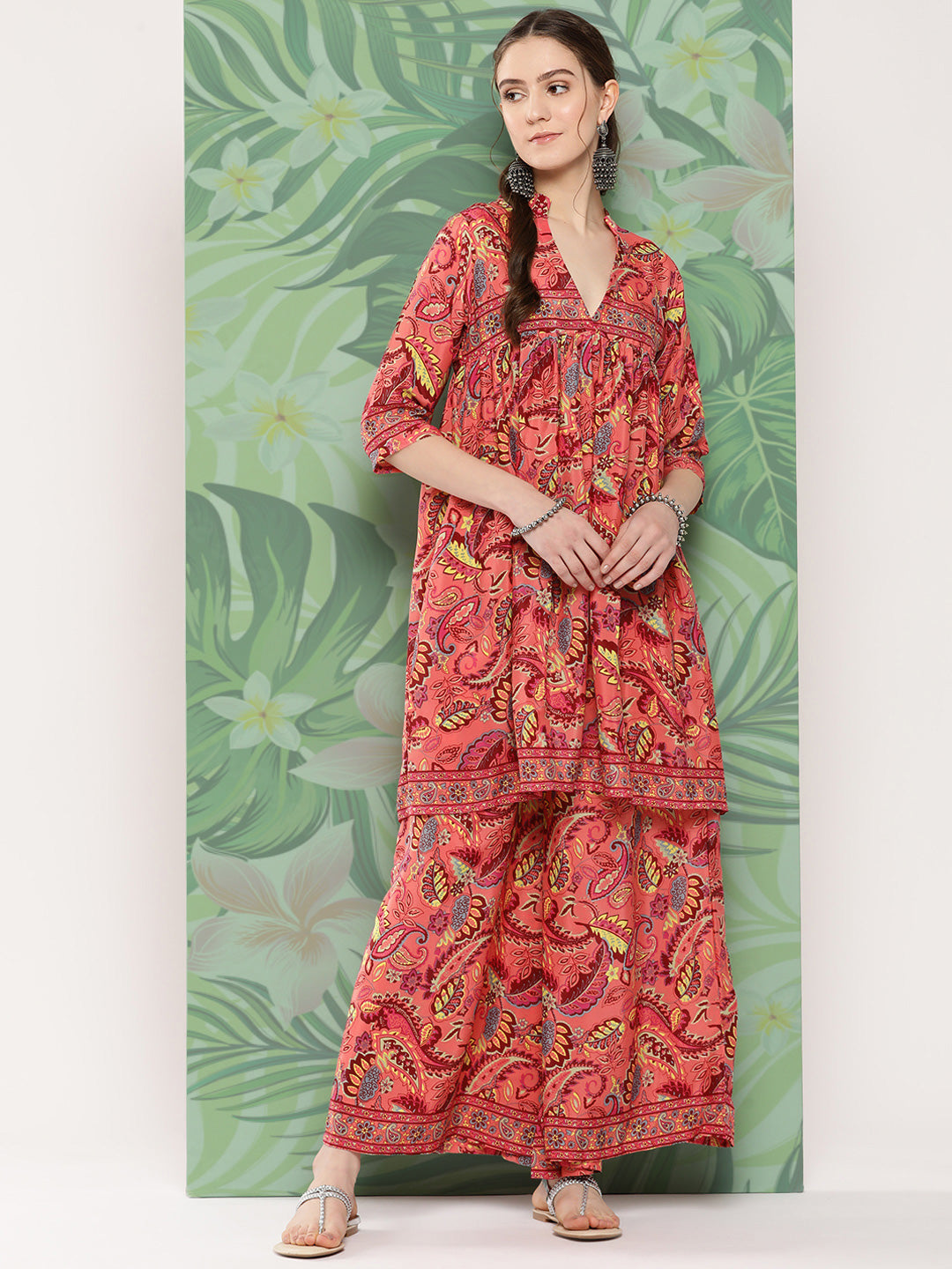 InWeave Women's Peach Camelia Printed Ethnic Kurta Set - Distacart