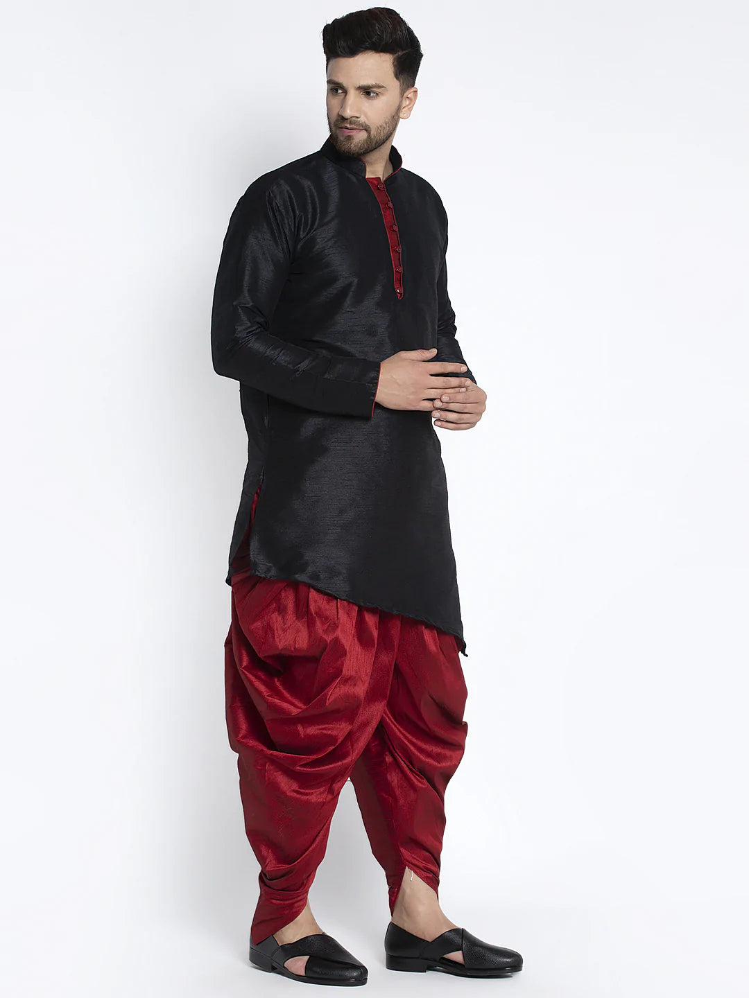Kalyum Men's Black Solid Kurta with Maroon Dhoti Pant - Distacart