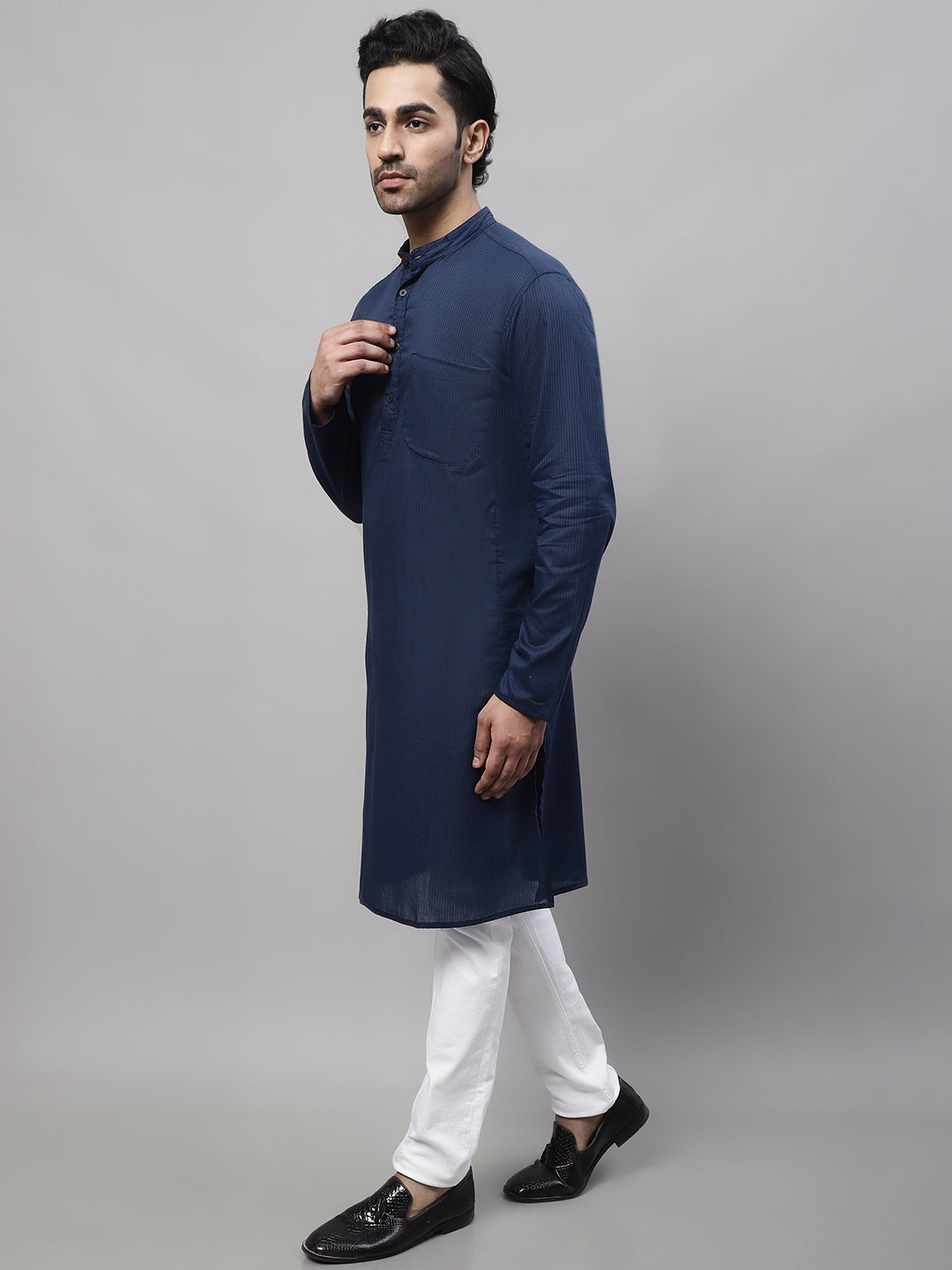Even Apparels Blue Pure Cotton Kurta With Band Collar - Distacart