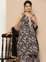 Thumbnail for KSUT (House of Varanga) Black Printed Anarkali Kurta Paired With Sharara And Plain Tonal Dupatta - Distacart
