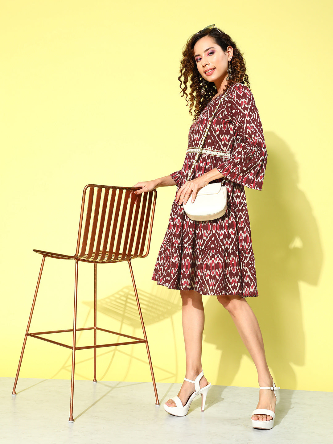 InWeave Women's Wine Pink Ikkat Print Short Dress - Distacart